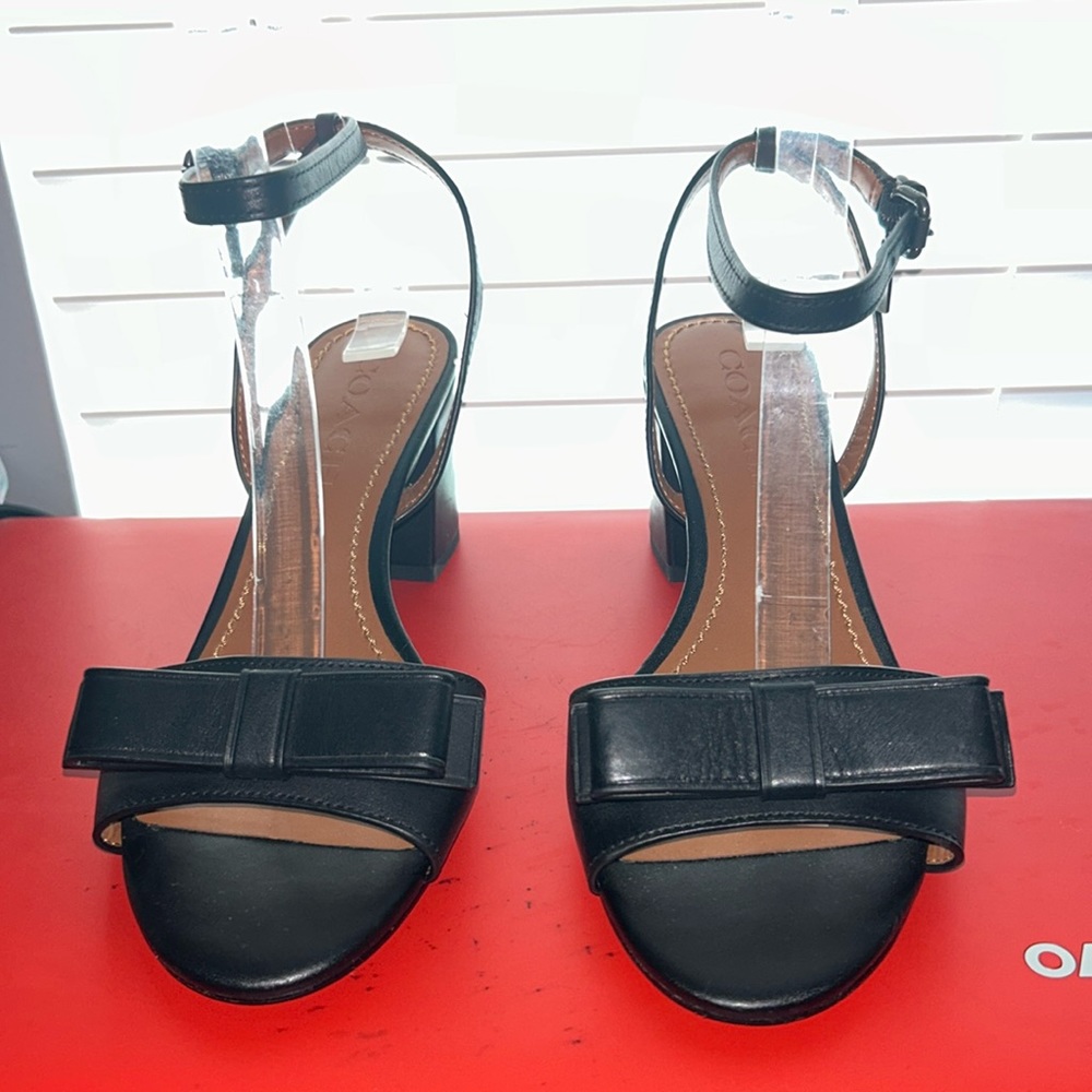 Coach Leather Strappy Bow Sandals Black Block Heel - Picture 3 of 13